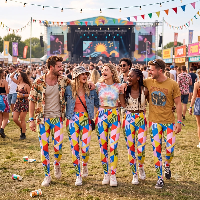 Festivalgroep in kleurrijke Geoffrey's Geo geometrische leggings