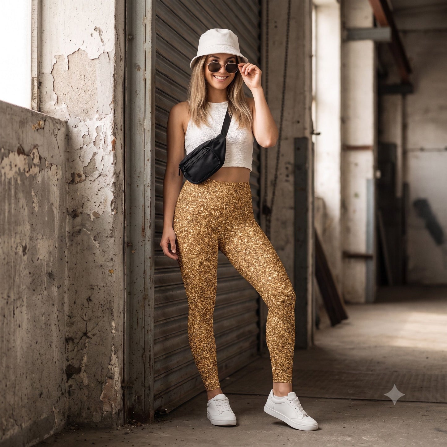 Model draagt de Gold Rush Disco Dust festivallegging met zwarte top