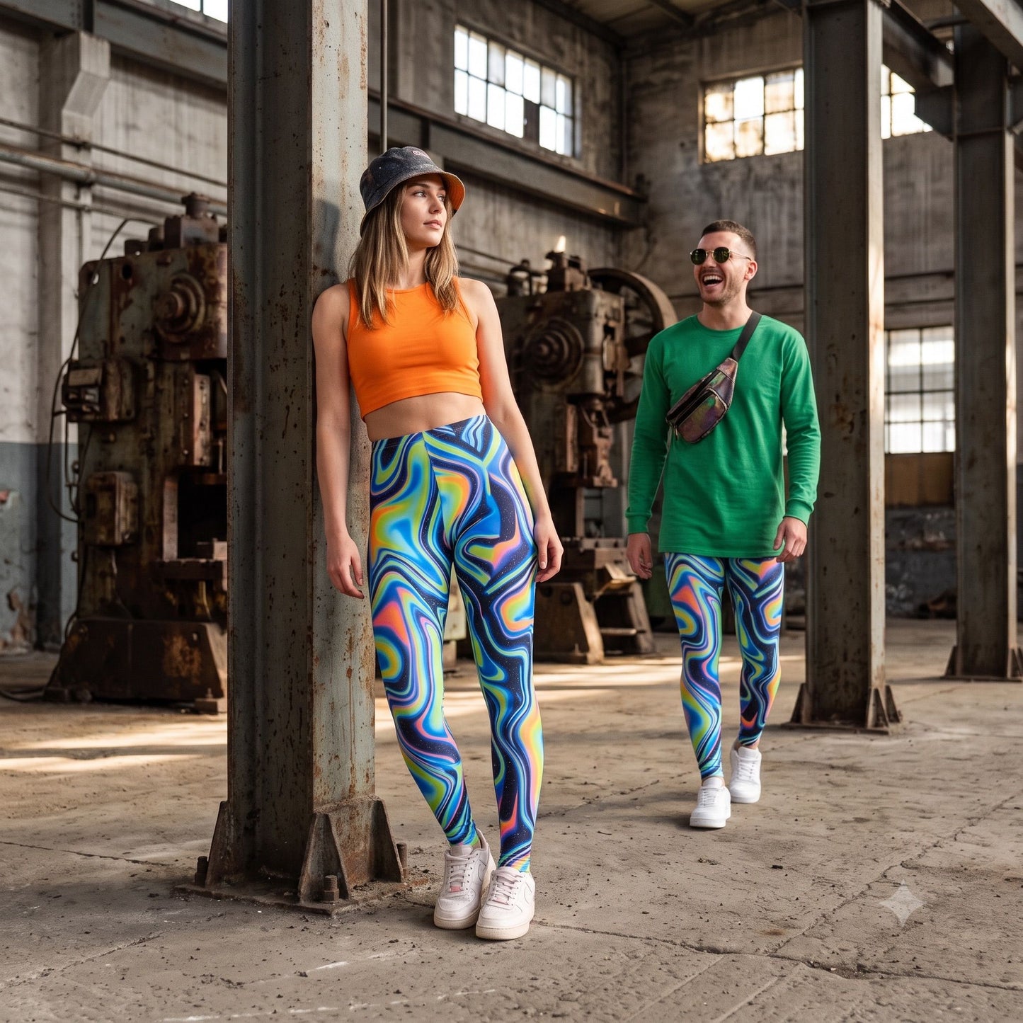 Man en vrouw dragen de Liquid Dreams legging met psychedelische neonprint