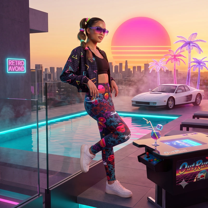 Model draagt de Miami Vice Palm Paradise legging bij een dj-set met neon zonsondergang