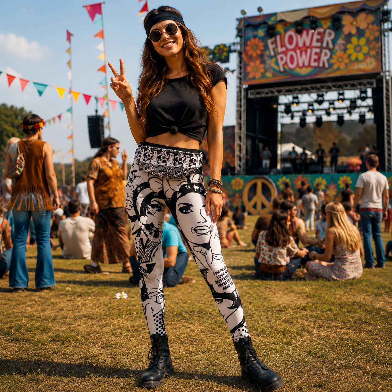 Zwart-witte Pop Art Crush festivallegging voor dames met comicprint, gezichten, tekstballonnen en grafische stripdetails.