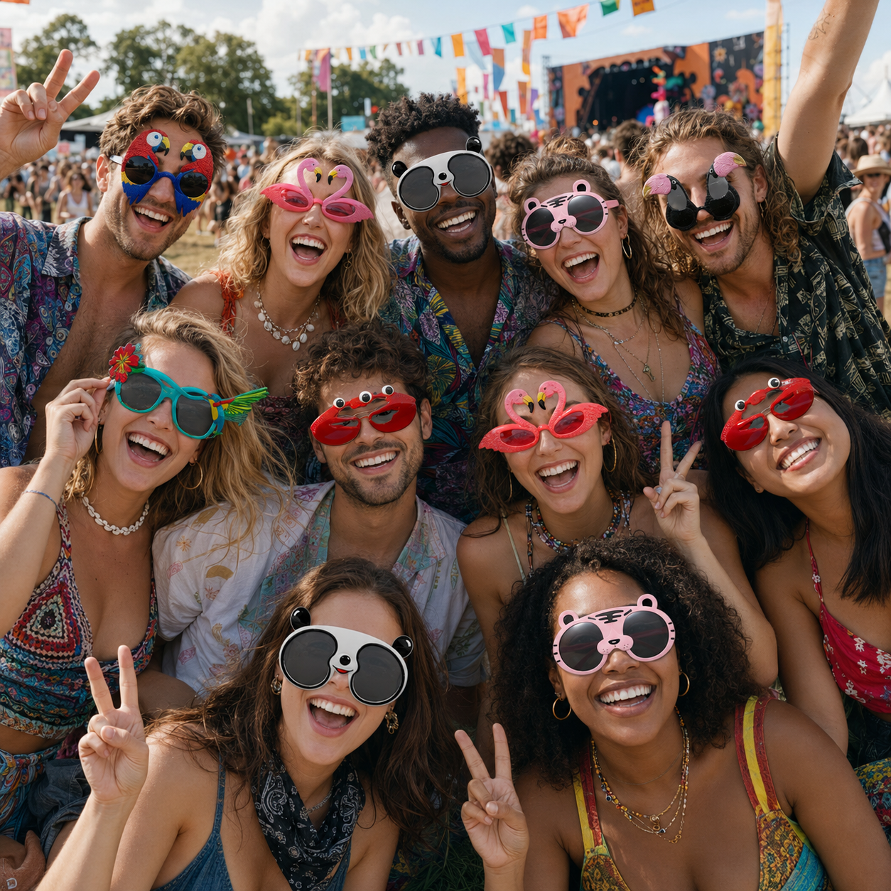 Groep festivalgangers met kleurrijke dierenbrillen zoals een tijger-, panda-, flamingo- en kolibriezonnebril op een festivalterrein.