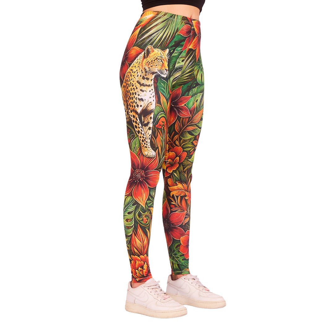 Wild Thing tropische luipaard legging met rode bloemen en groene bladeren
